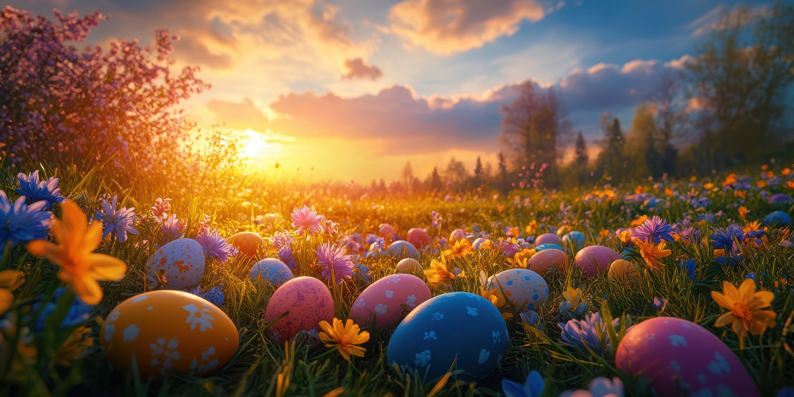 Colorful Easter eggs scattered among blooming flowers at sunset in a vibrant meadow